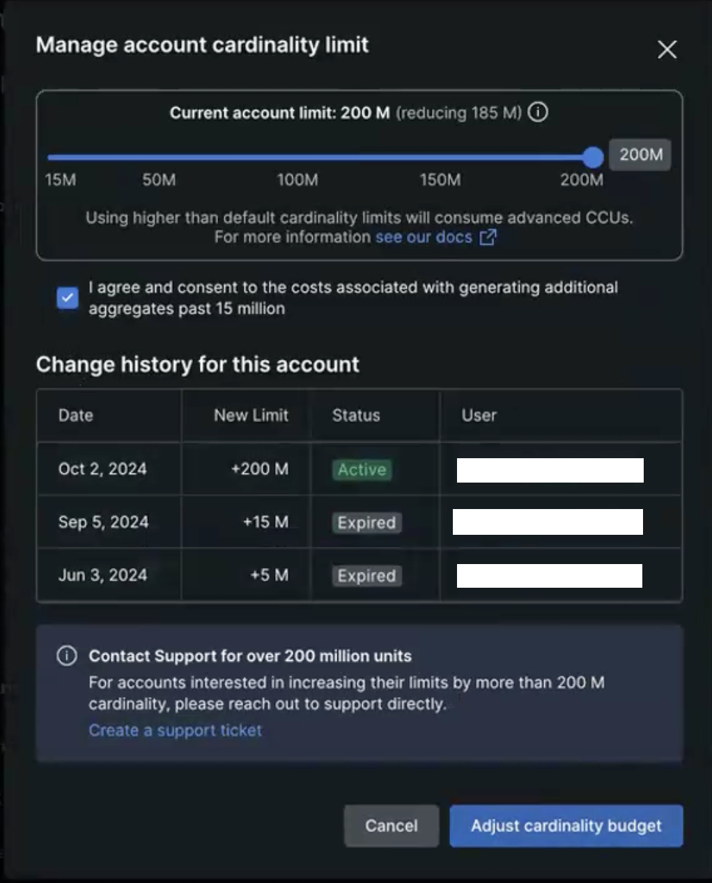 Manage account cardinality limit Manage account cardinality limit