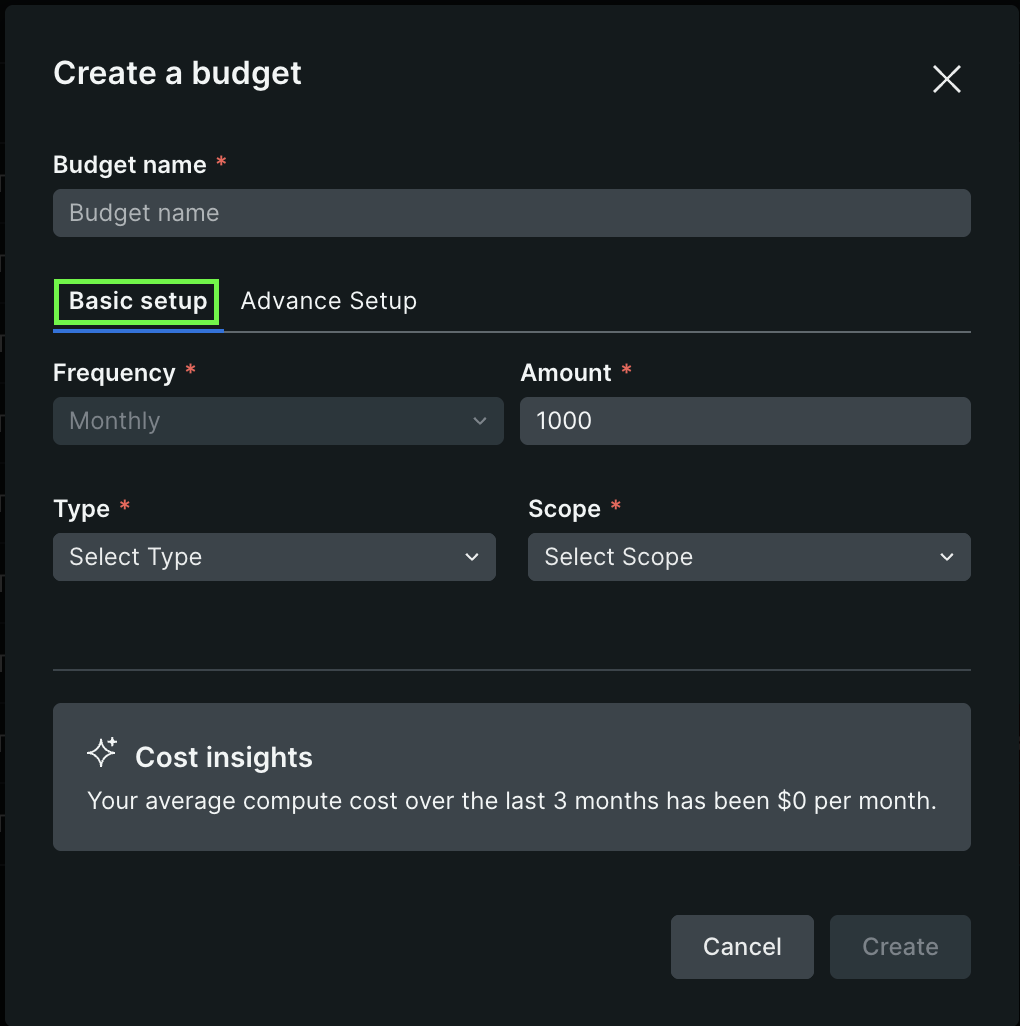 Basic setup for budgets highlighted on the create a budget page Basic setup for budgets highlighted on the create a budget page