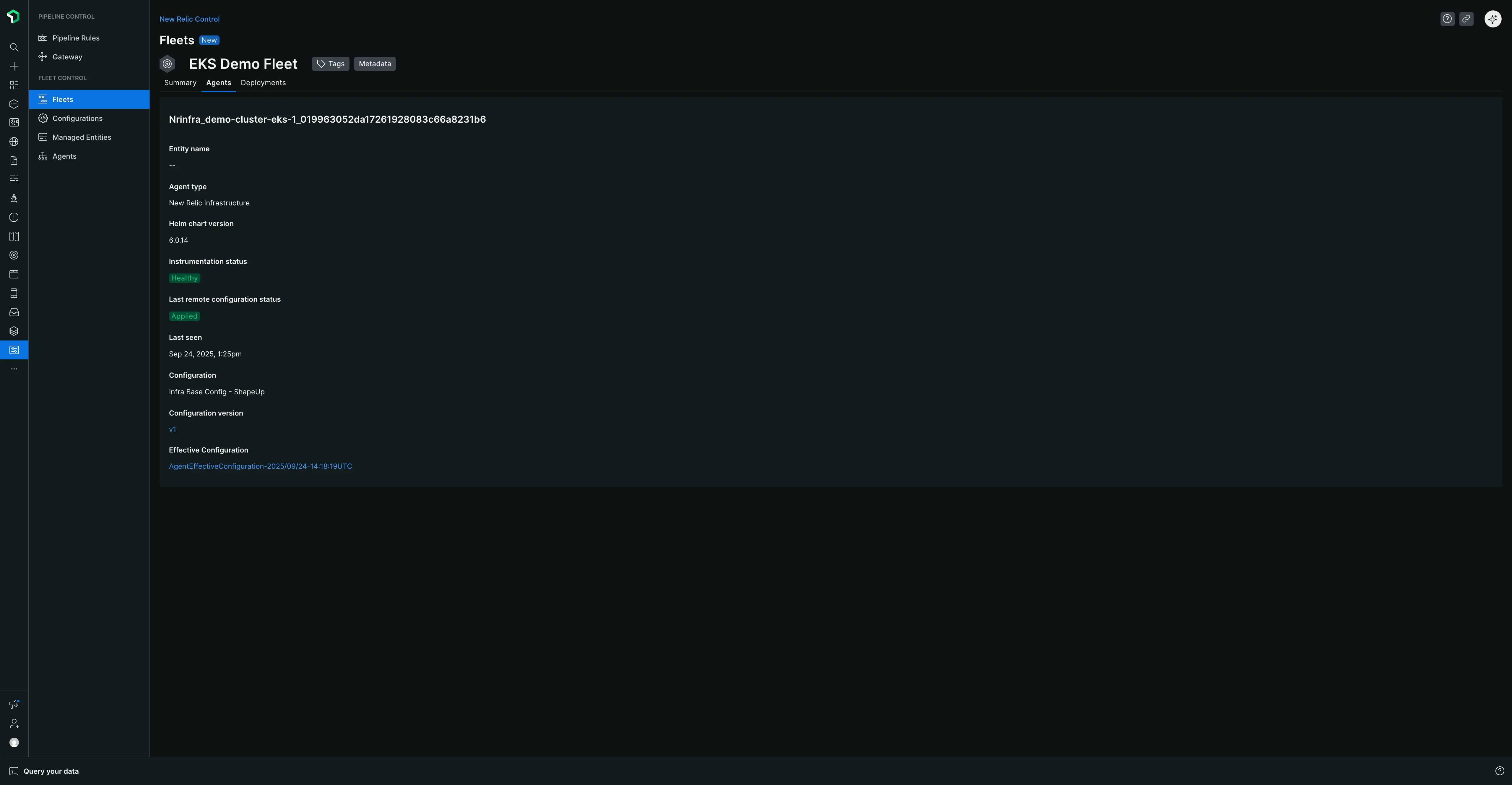 Viewing effective configuration By viewing an agents details under the agents tab in Fleet Control you can view its effective configuration.