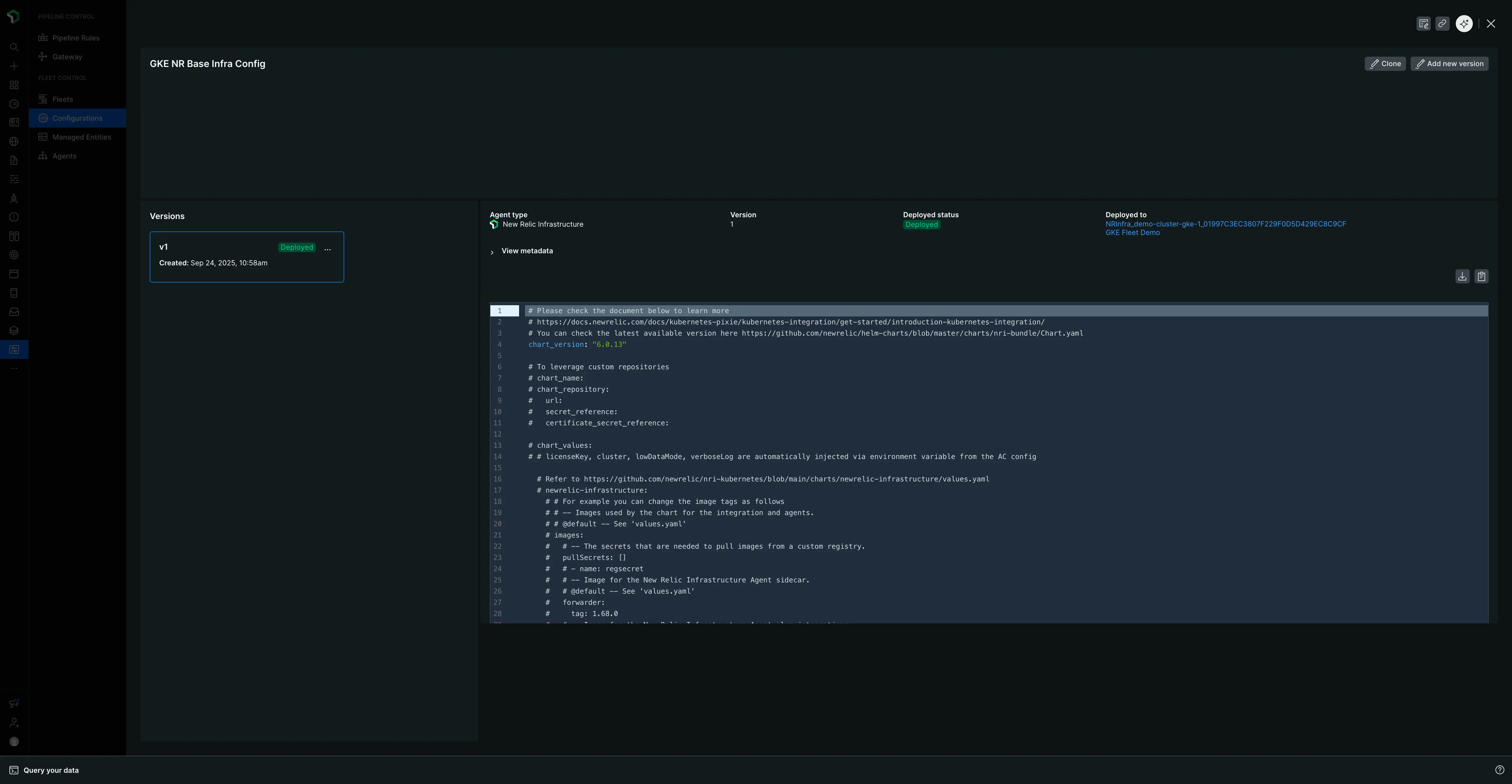 Configuration details pane From the configuration details pane, you can copy, download, clone, create and delete a configuration.
