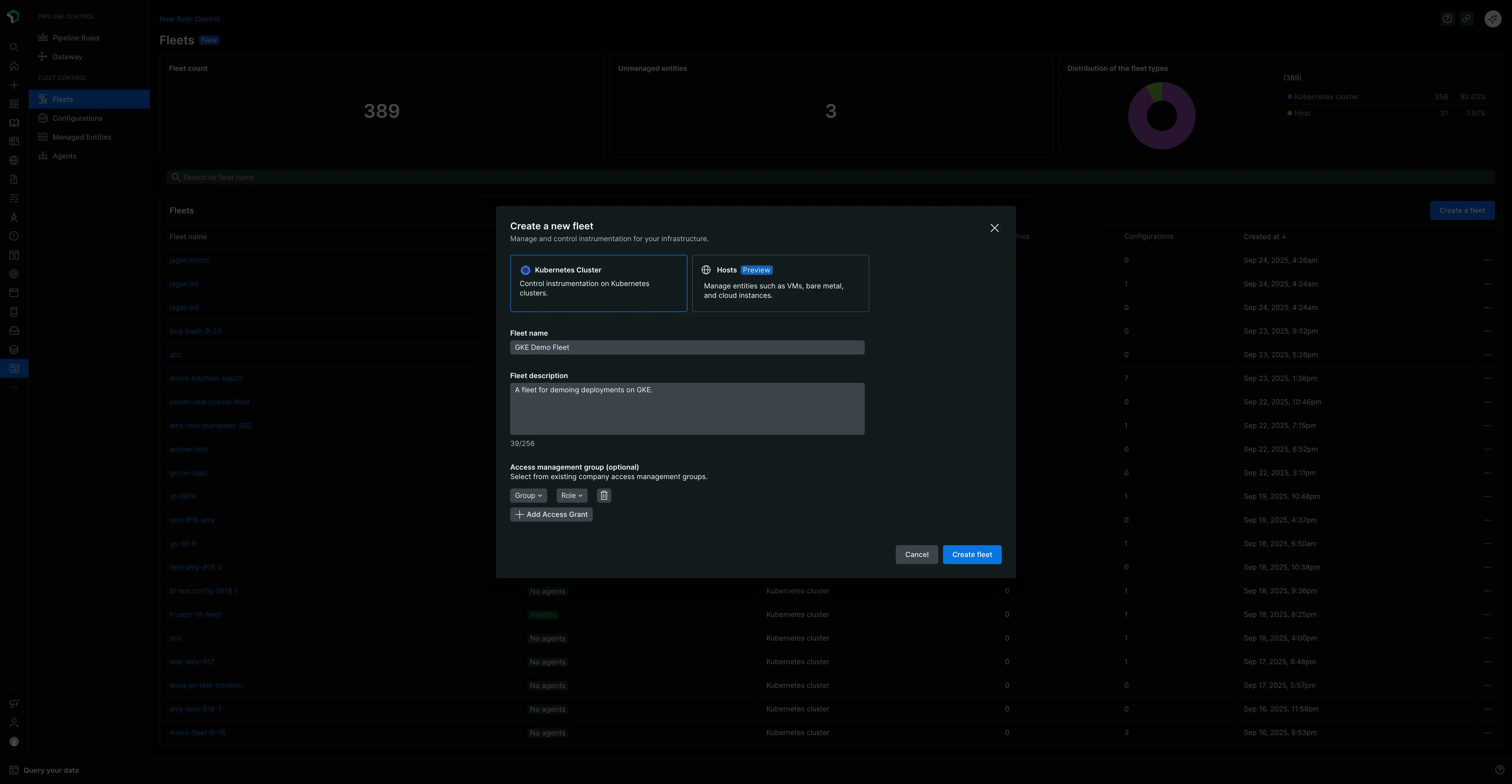 Create a fleet modal The 'Create a fleet' modal with input fields for a fleet name, description, and environment type.