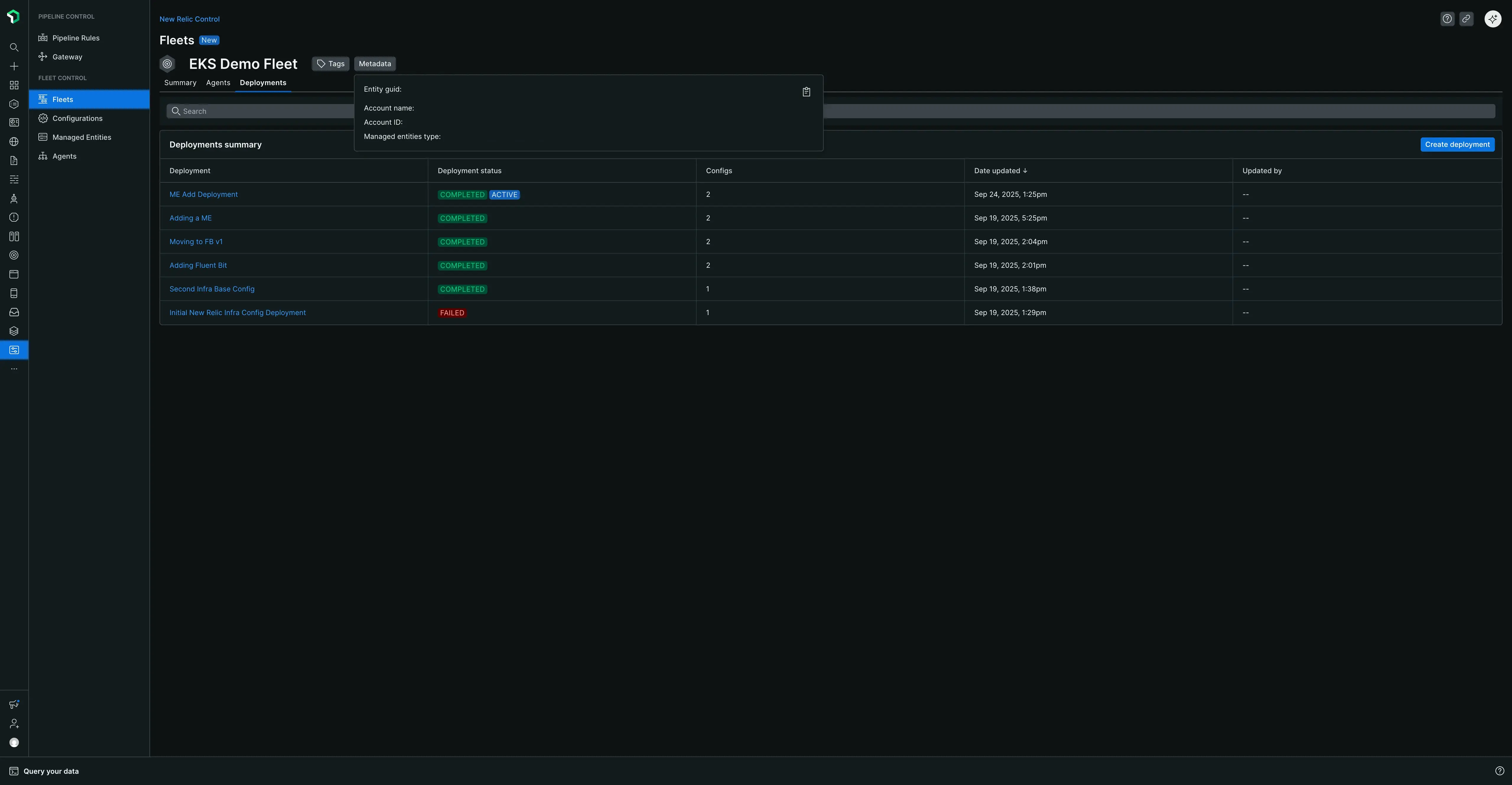 Tag and Metadata buttons View the tagging and metadata information associated with a fleet by clicking the associated button.