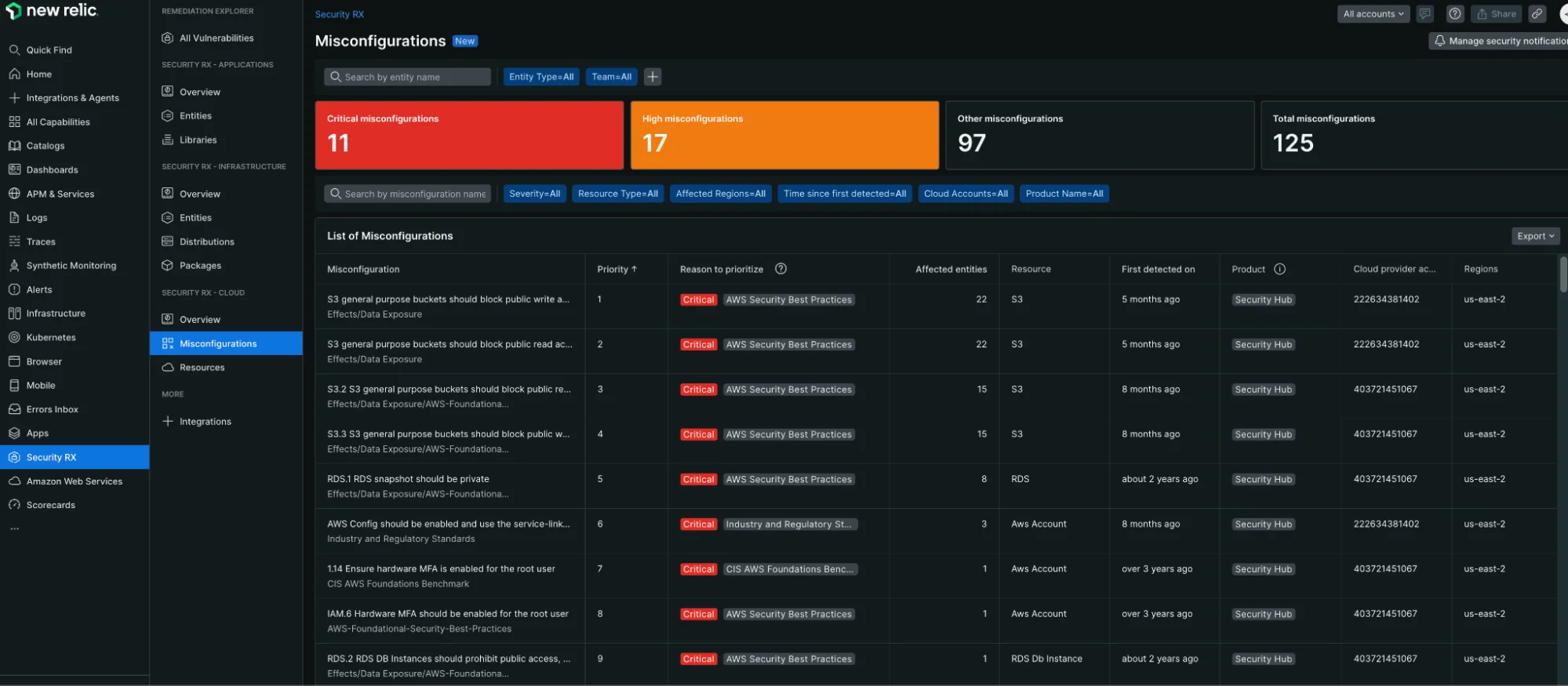 Security RX misconfigurations list Screenshot of the Security RX misconfigurations list showing detailed view of security findings with priority, severity, and affected resources