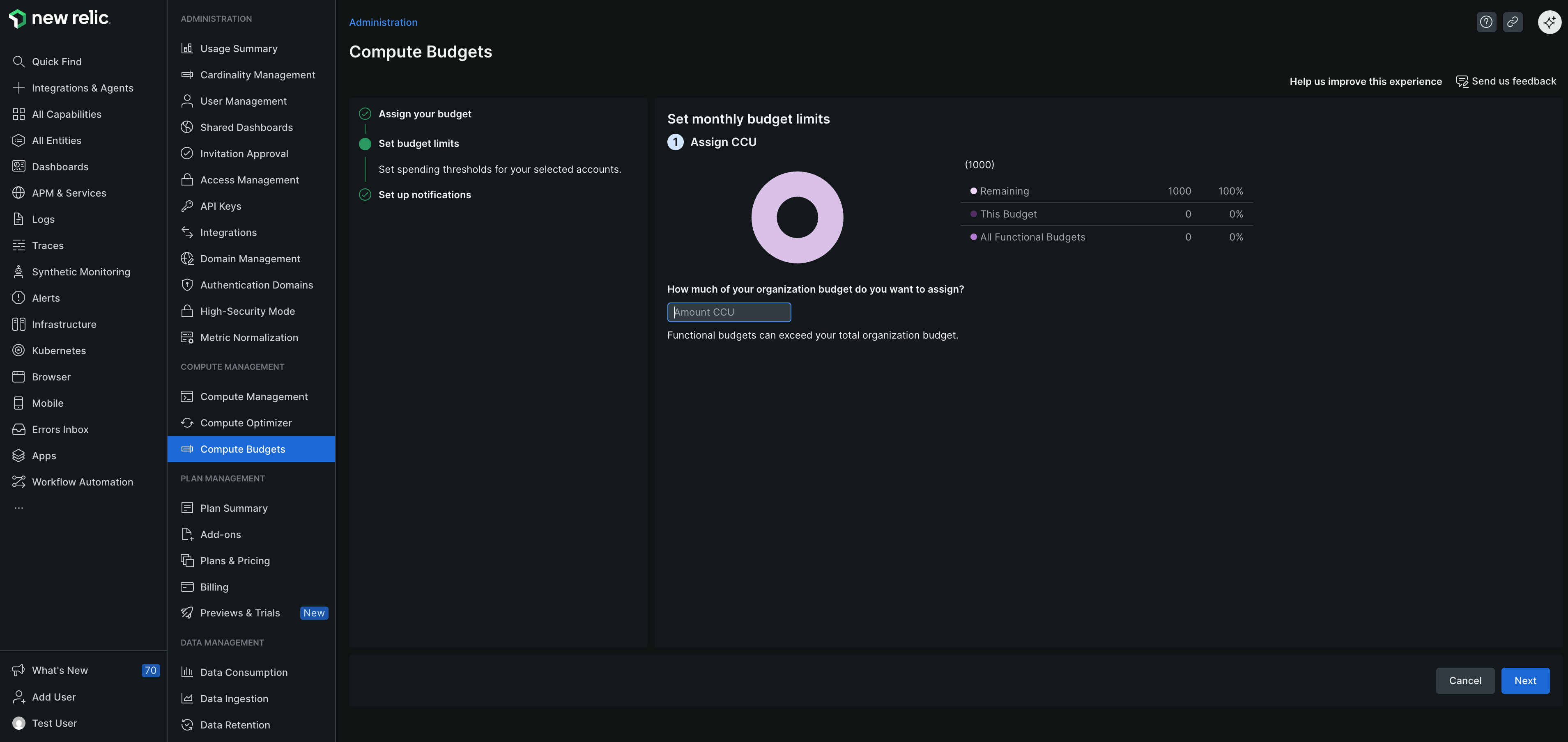 Screenshot displaying the Set monthly budget limits page with advanced and core CCU limits highlighted Screenshot displaying the Set monthly budget limits page with advanced and core CCU limits highlighted