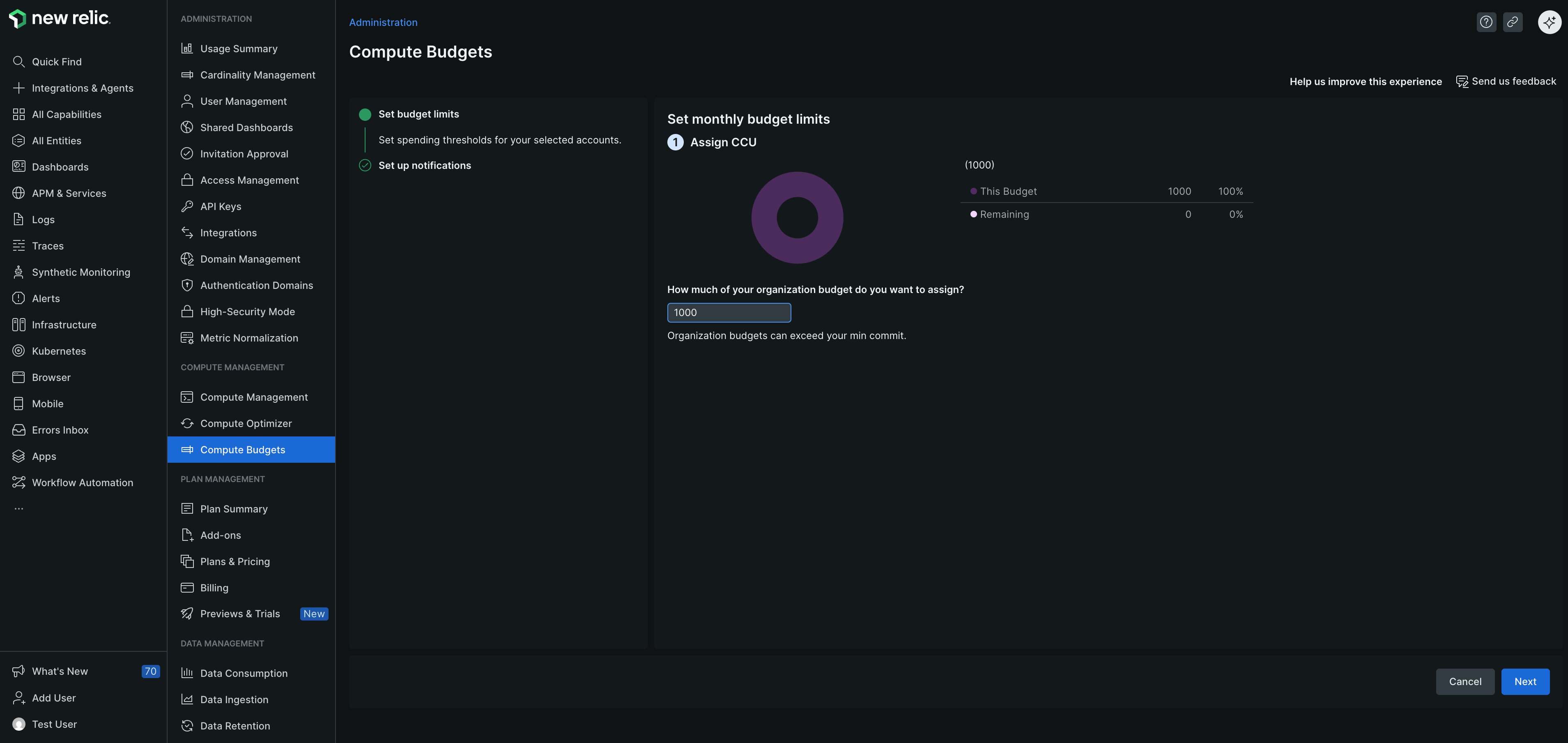 Screenshot displaying the Set monthly budget limits page with advanced and core CCU limits highlighted Screenshot displaying the Set monthly budget limits page with advanced and core CCU limits highlighted