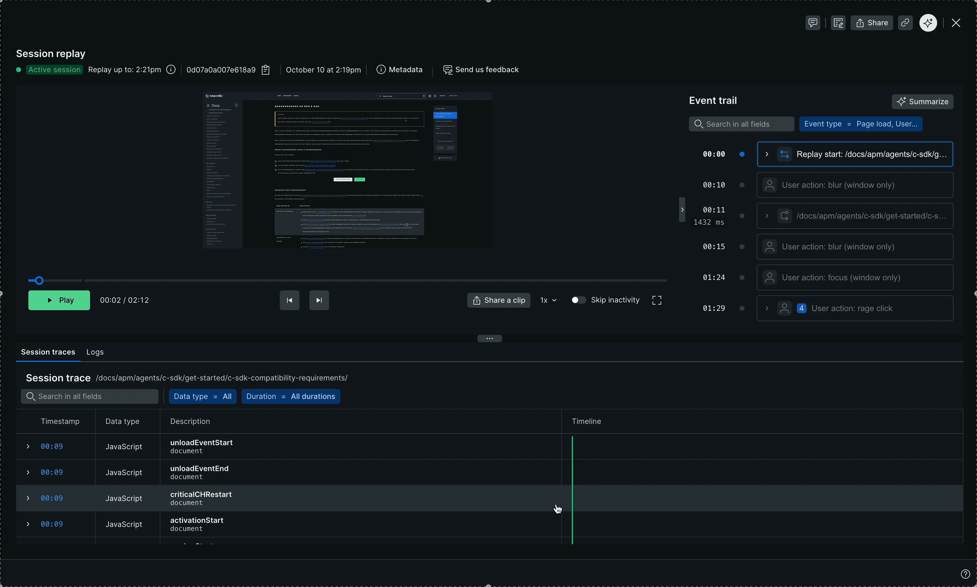 Summarize session replay screenshot of the session replay page in browser